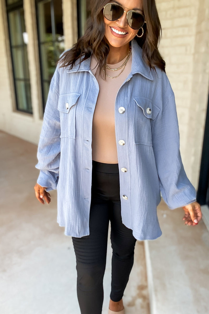 Grab The Chance Blue Button Up Top