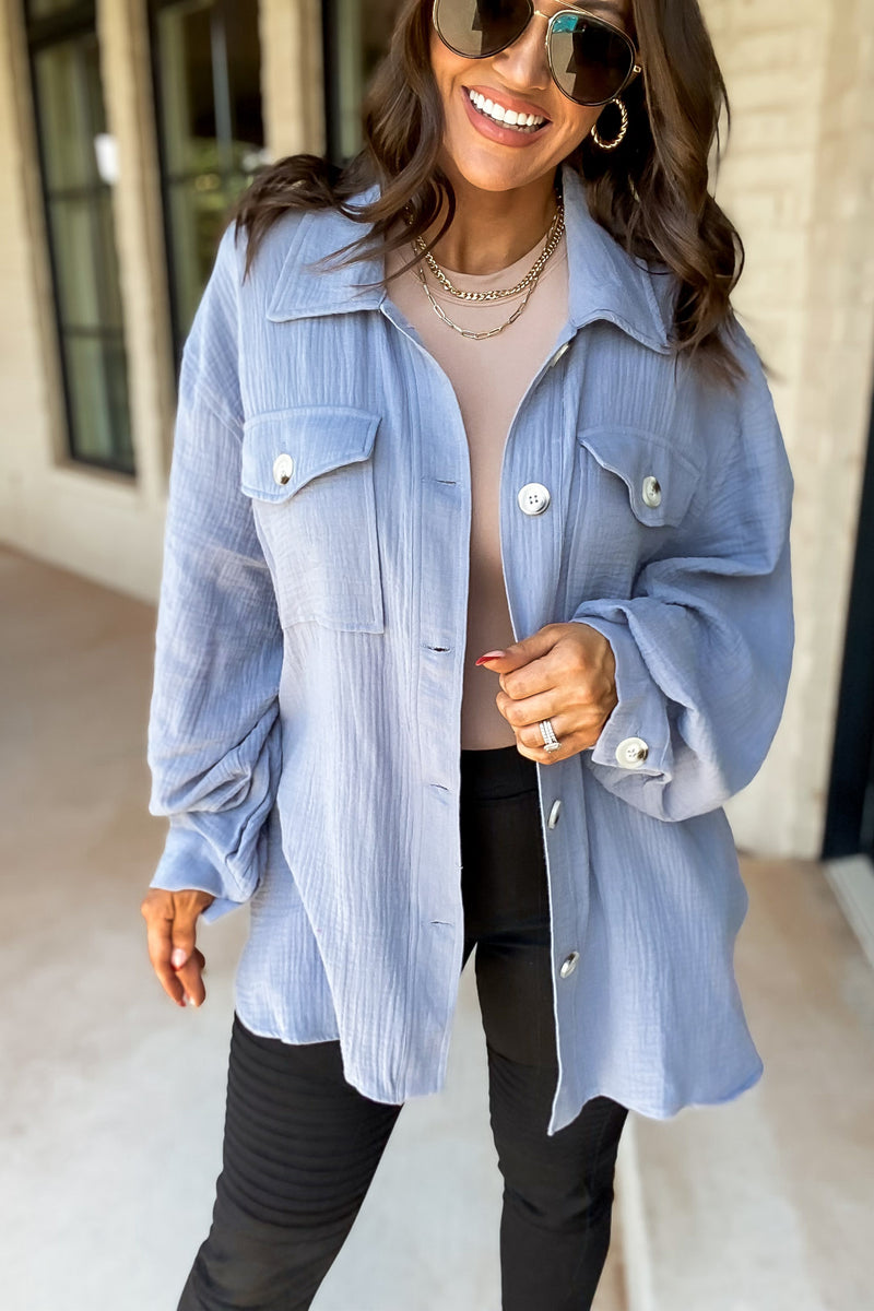 Grab The Chance Blue Button Up Top