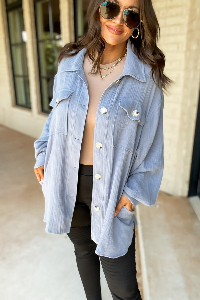 Grab The Chance Blue Button Up Top
