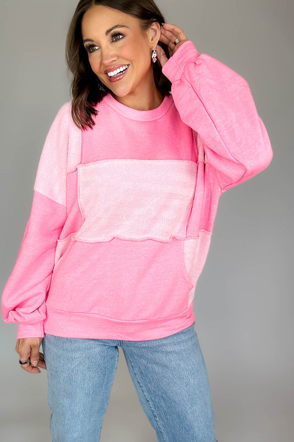 Bucketlist Pink French Terry Knit Solid Color-block Oversize Top