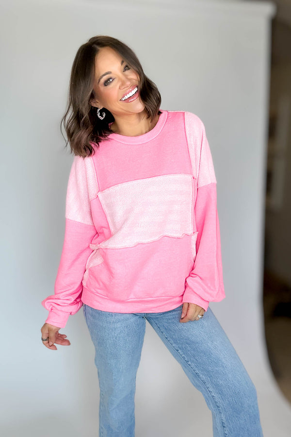Bucketlist Pink French Terry Knit Solid Color-block Oversize Top