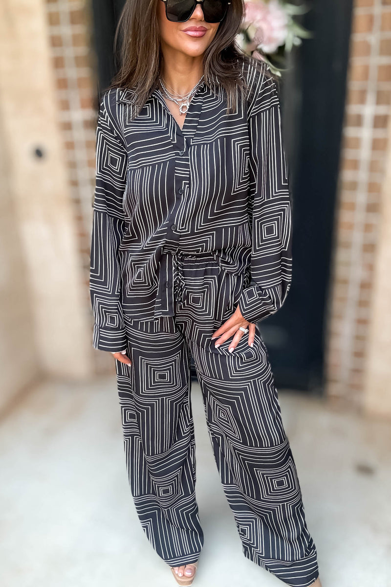 Nothing Missing Black Long Sleeve Button Down Print Blouse