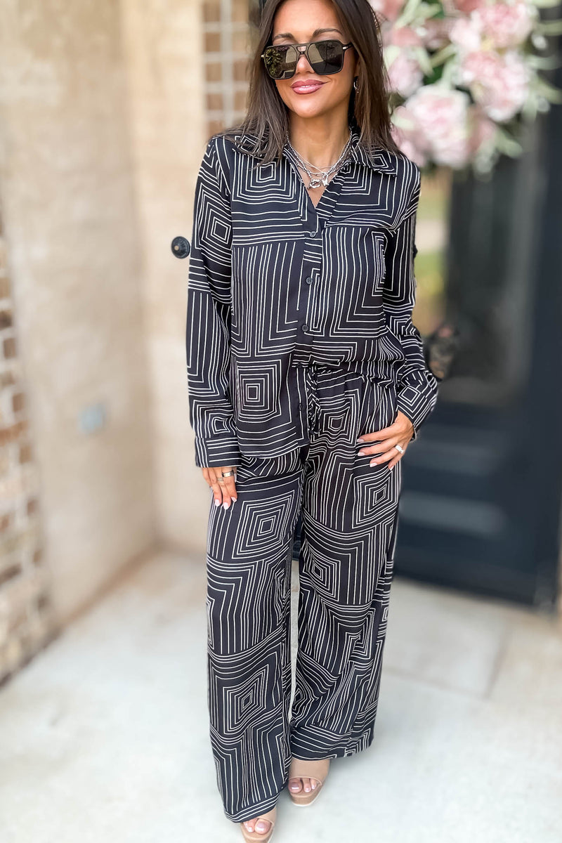 Nothing Missing Black Long Sleeve Button Down Print Blouse