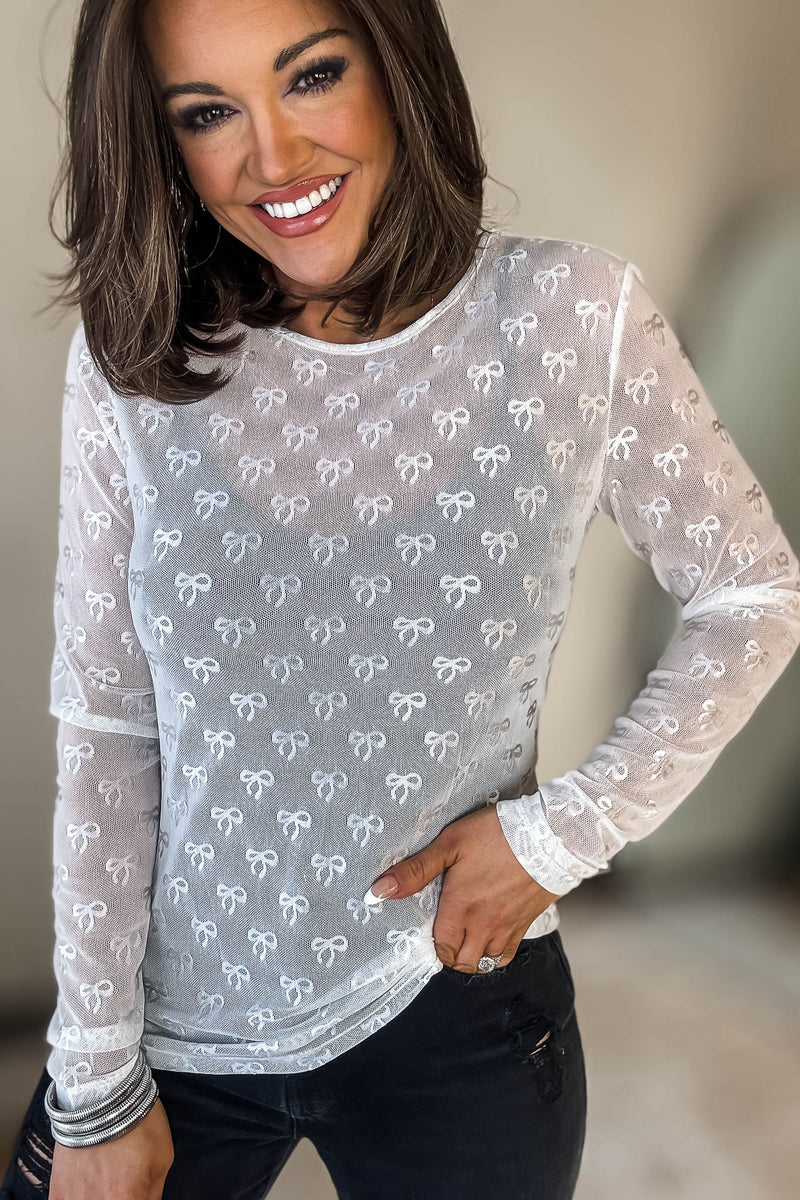 White Mesh Bow Pattern Long Sleeve Top