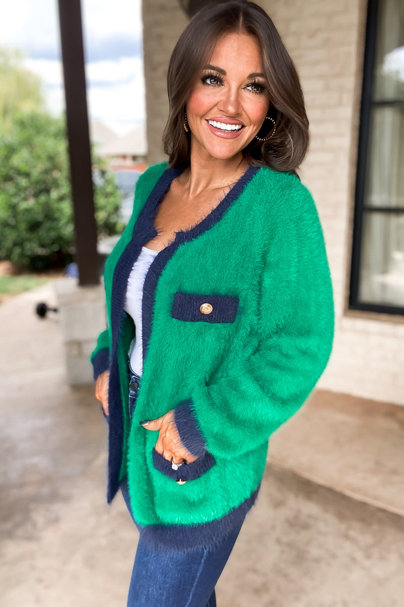 Kelly Green And Navy Color Point Soft Knit Cardigan