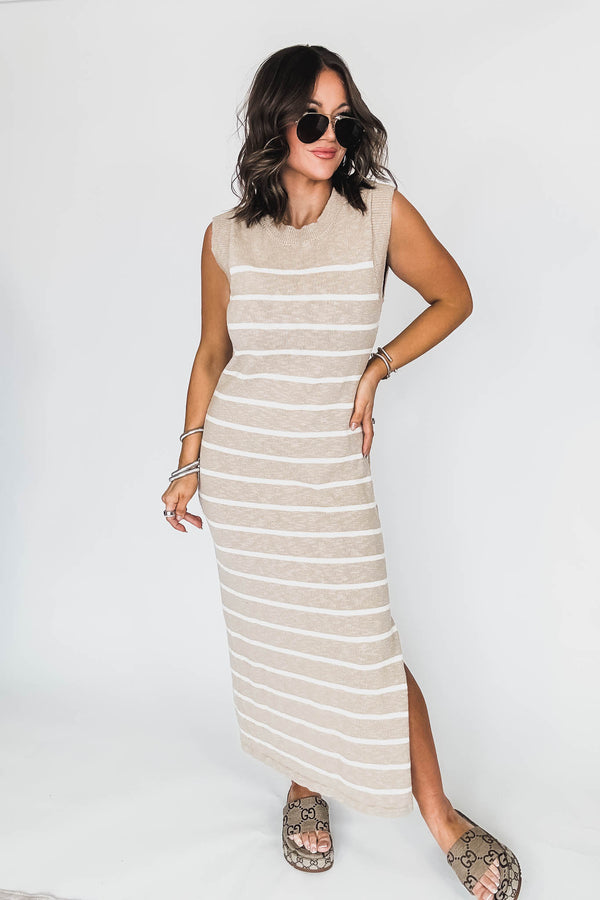 Taupe Sleeveless Sweater Knit Strip Midi Dress
