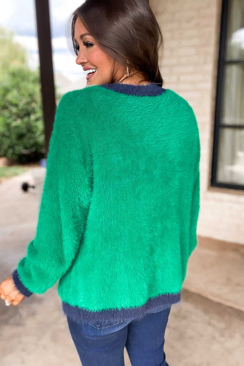 Kelly Green And Navy Color Point Soft Knit Cardigan