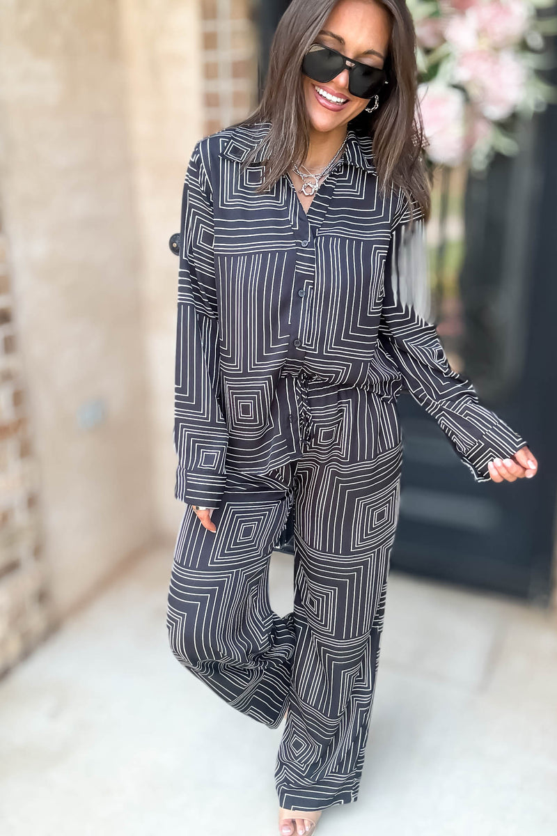 Nothing Missing Black Long Sleeve Button Down Print Blouse