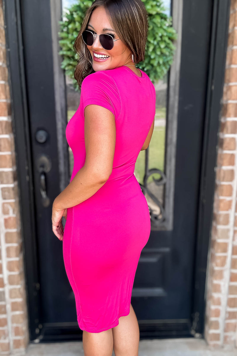 Pink Short Sleeve Crew Neck Double Layered Midi Dress