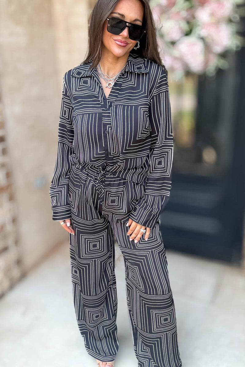 Nothing Missing Black Long Sleeve Button Down Print Blouse