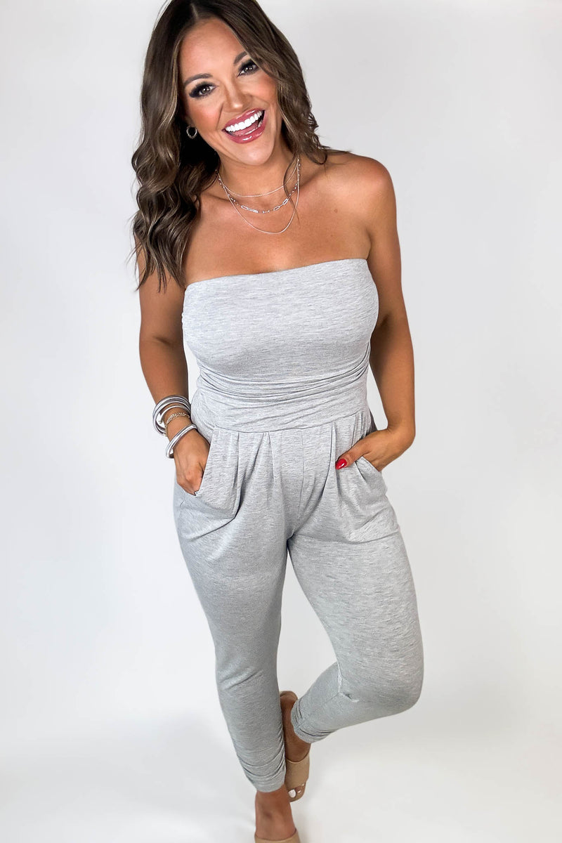 Open Arms Heather Grey Tube Top Jumpsuit Stella Rae s