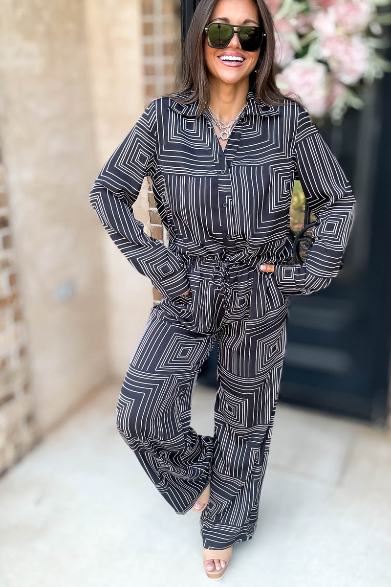 Nothing Missing Black Long Sleeve Button Down Print Blouse