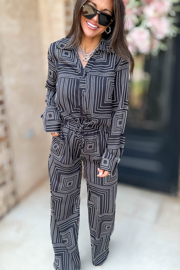 Nothing Missing Black Long Sleeve Button Down Print Blouse