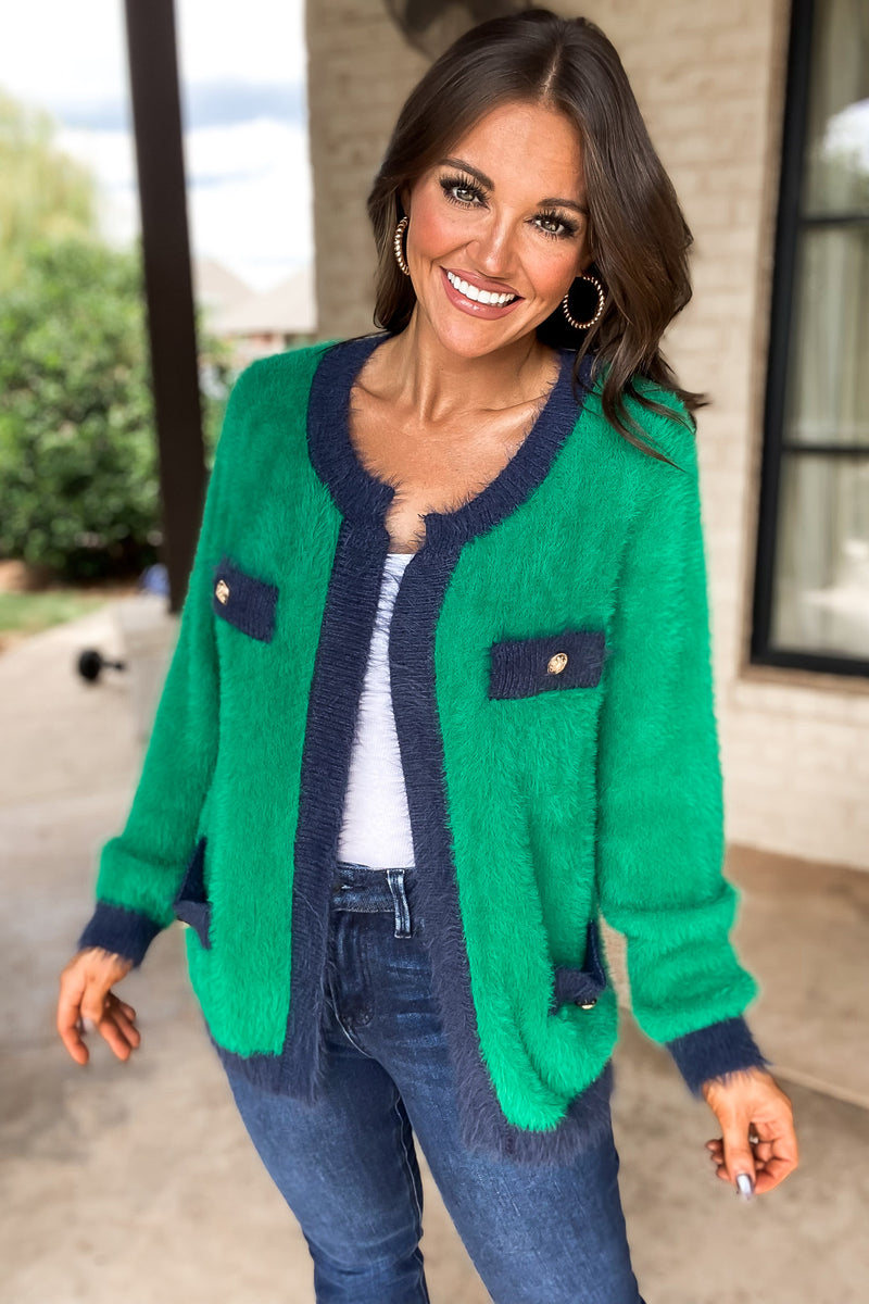 Kelly Green And Navy Color Point Soft Knit Cardigan