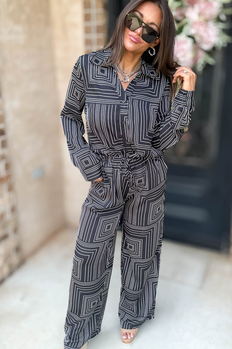 Nothing Missing Black Long Sleeve Button Down Print Blouse
