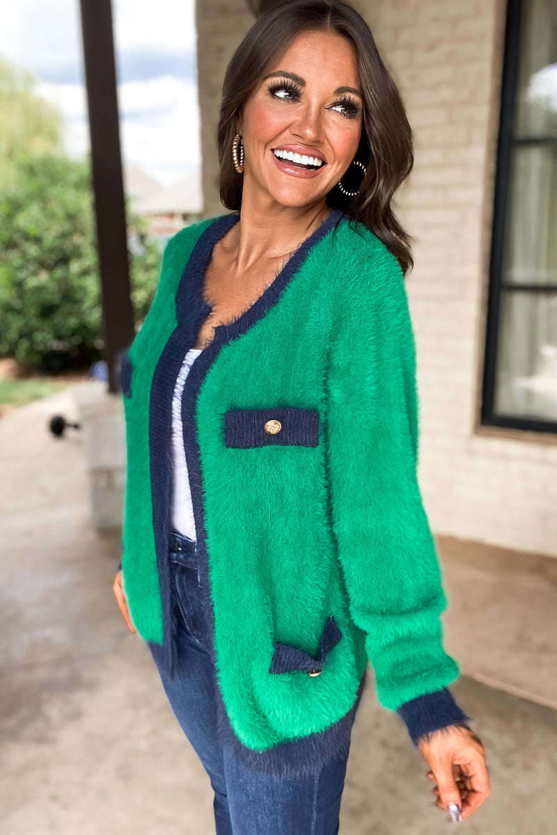 Kelly Green And Navy Color Point Soft Knit Cardigan