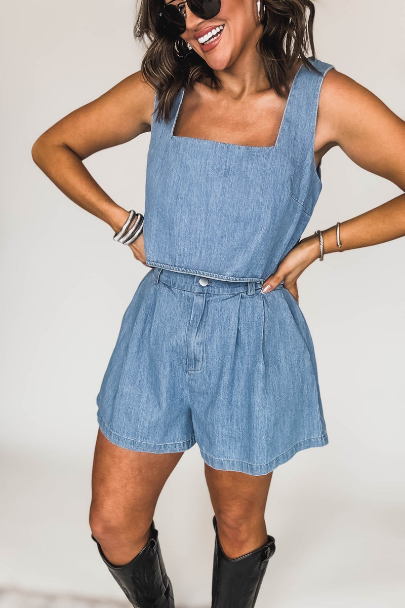 Denim Sleeveless Crop Top And Short Set