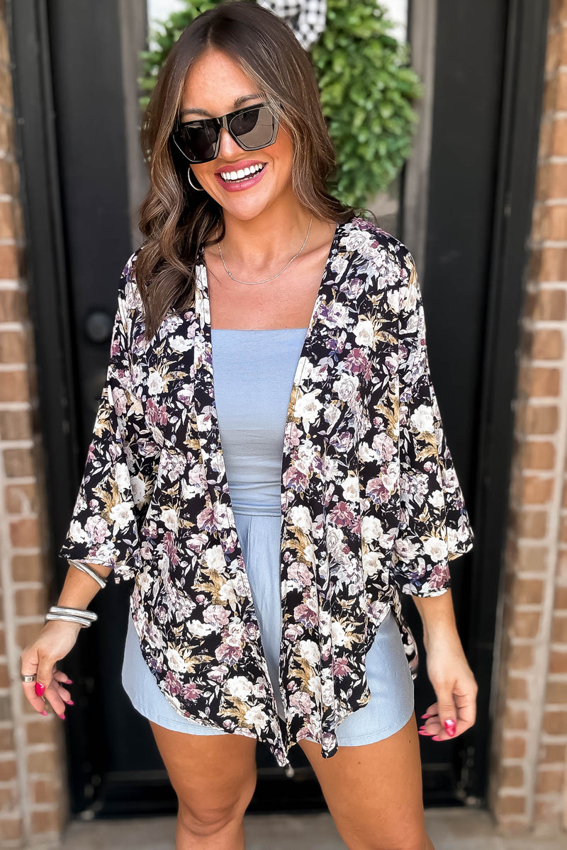 Black Floral Print Bell Sleeve Kimono