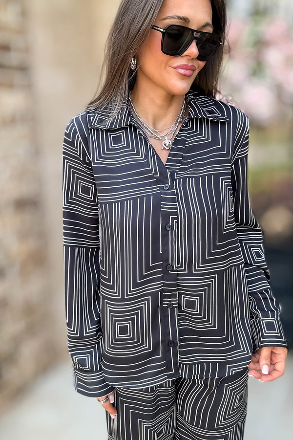 Nothing Missing Black Long Sleeve Button Down Print Blouse