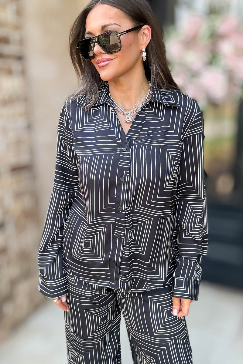 Nothing Missing Black Long Sleeve Button Down Print Blouse