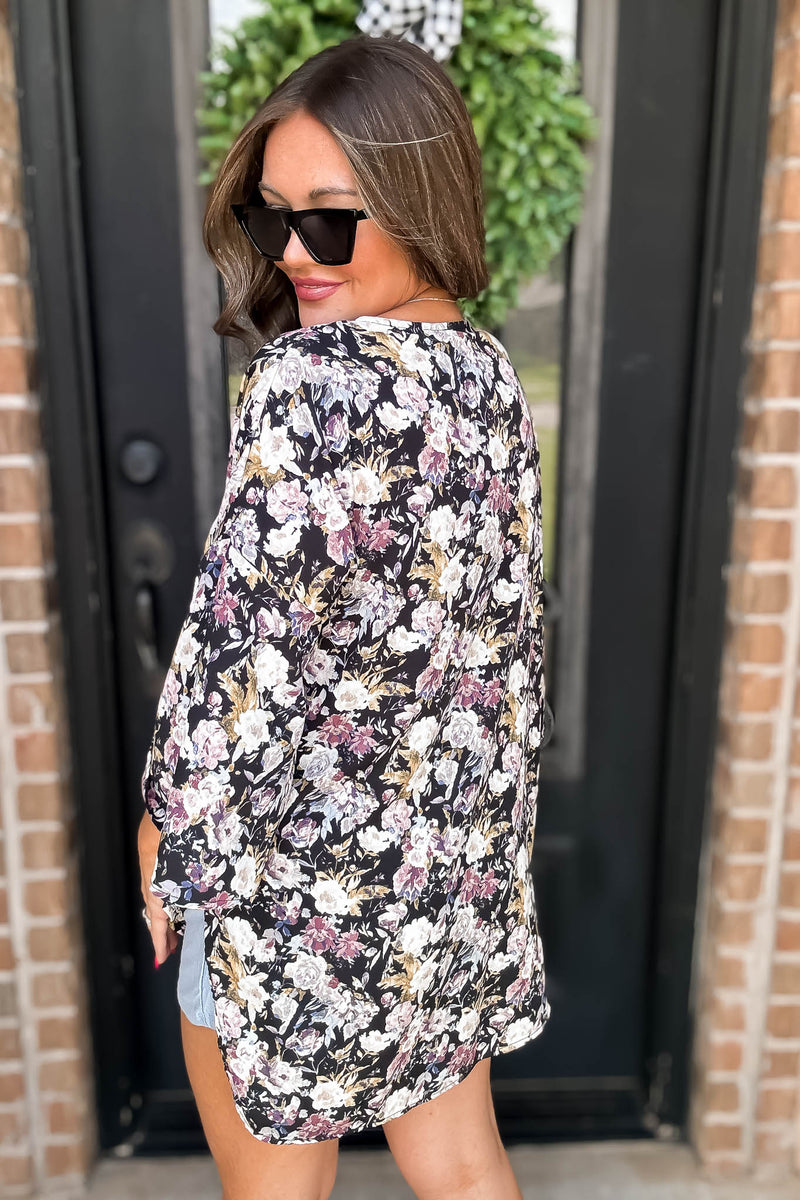 Black Floral Print Bell Sleeve Kimono