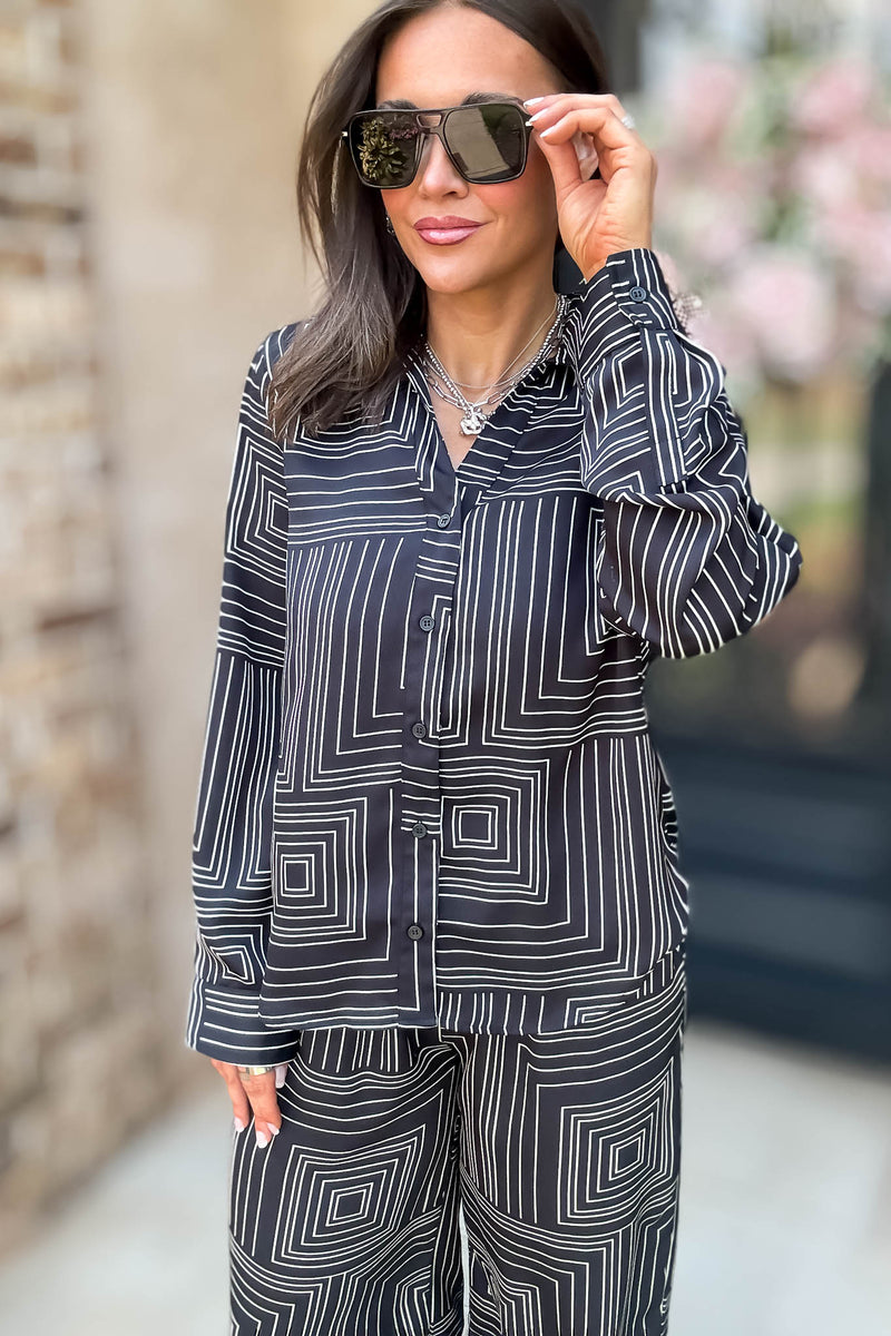 Nothing Missing Black Long Sleeve Button Down Print Blouse
