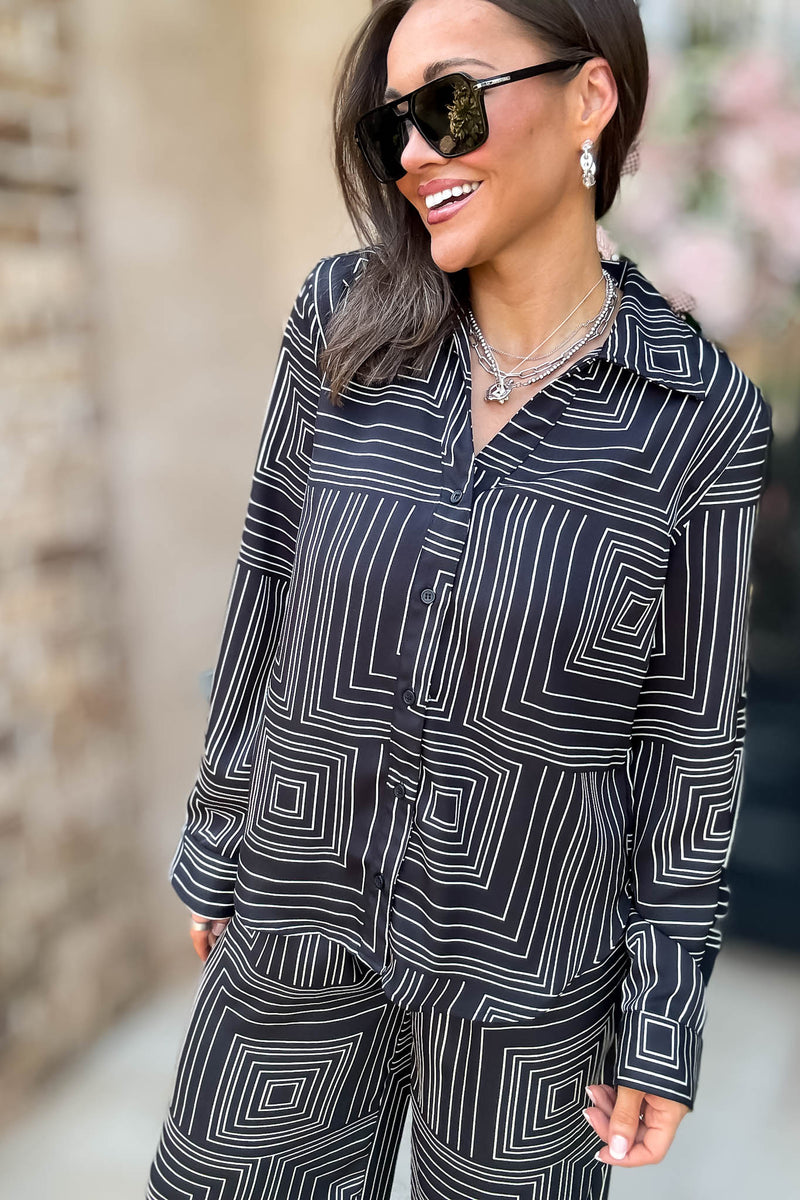 Nothing Missing Black Long Sleeve Button Down Print Blouse