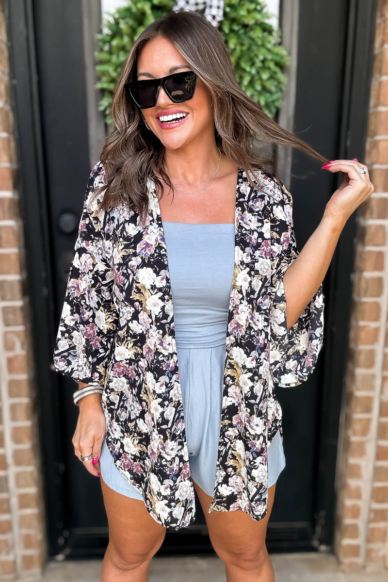 Black Floral Print Bell Sleeve Kimono