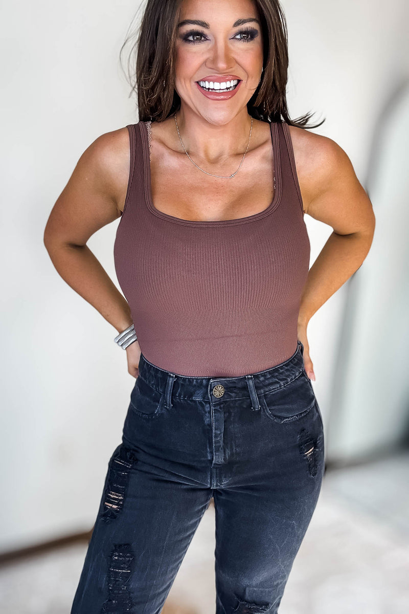Seamless Brown Ribbed Square Neck Tank Bodysuit