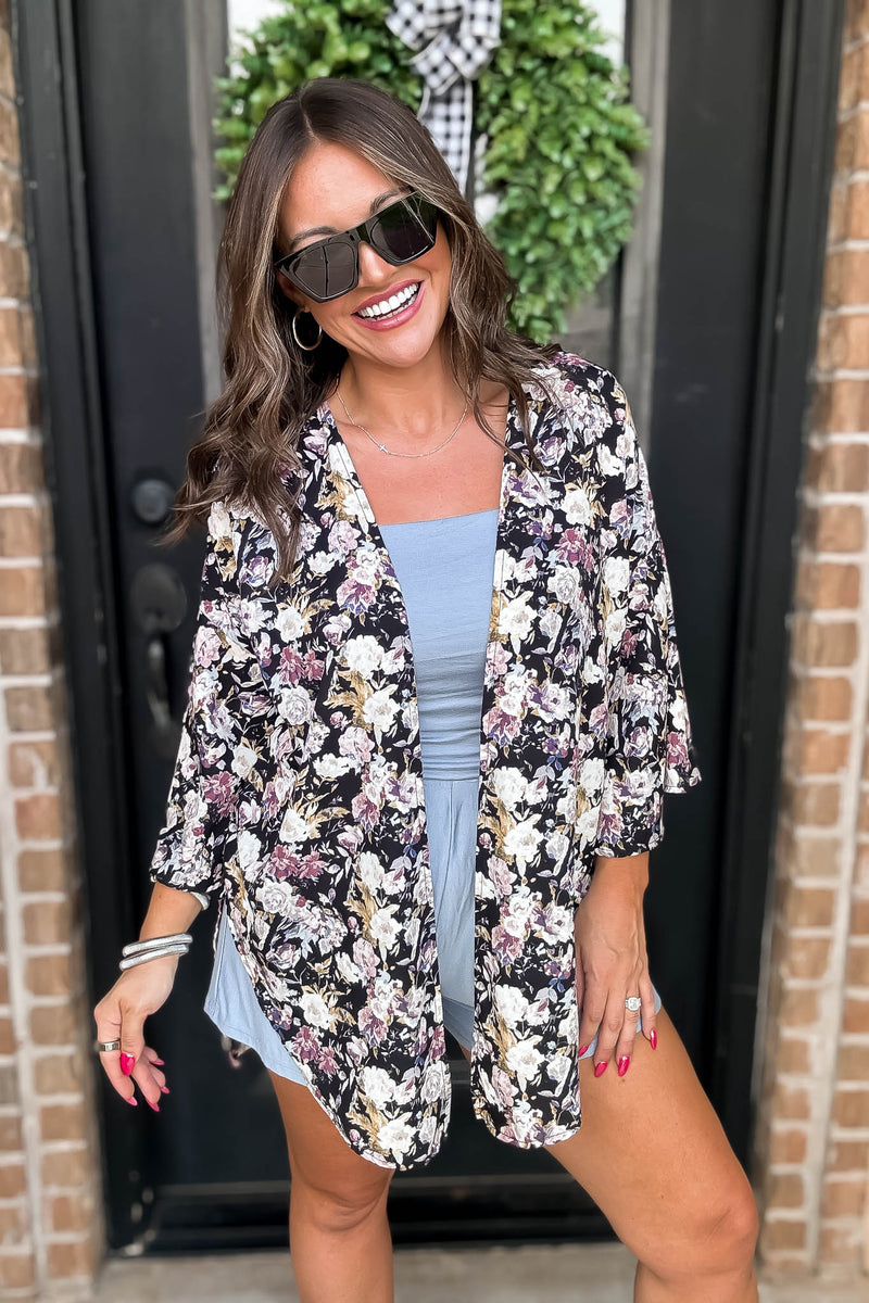 Black Floral Print Bell Sleeve Kimono