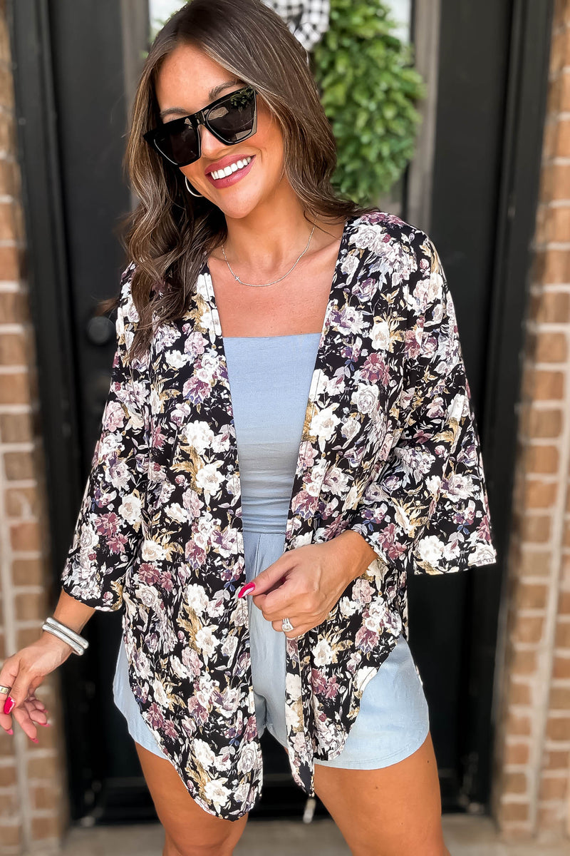 Black Floral Print Bell Sleeve Kimono