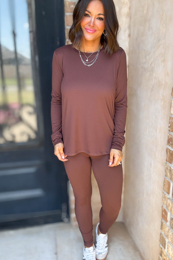 Microfiber Brown Round Neck Top & Leggings Set