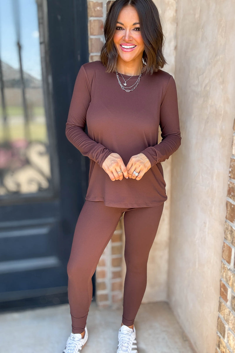 Microfiber Brown Round Neck Top & Leggings Set