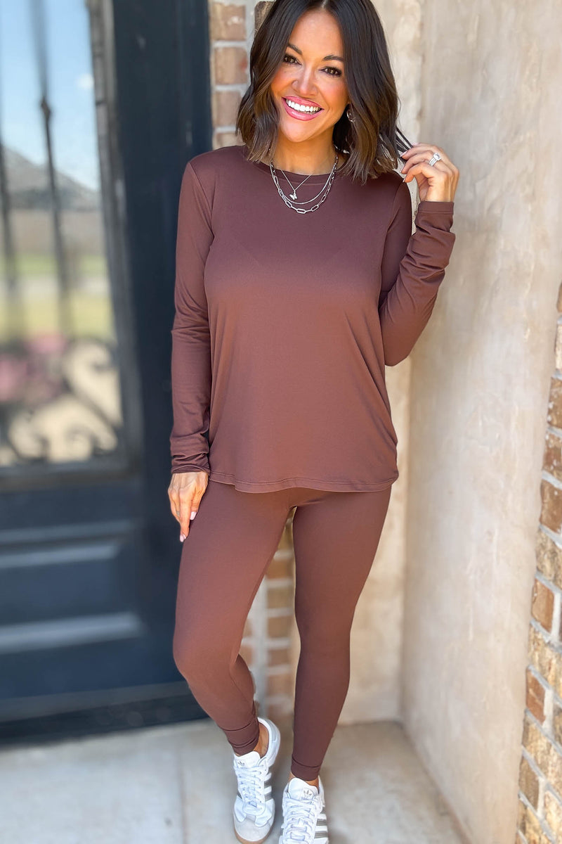 Microfiber Brown Round Neck Top & Leggings Set