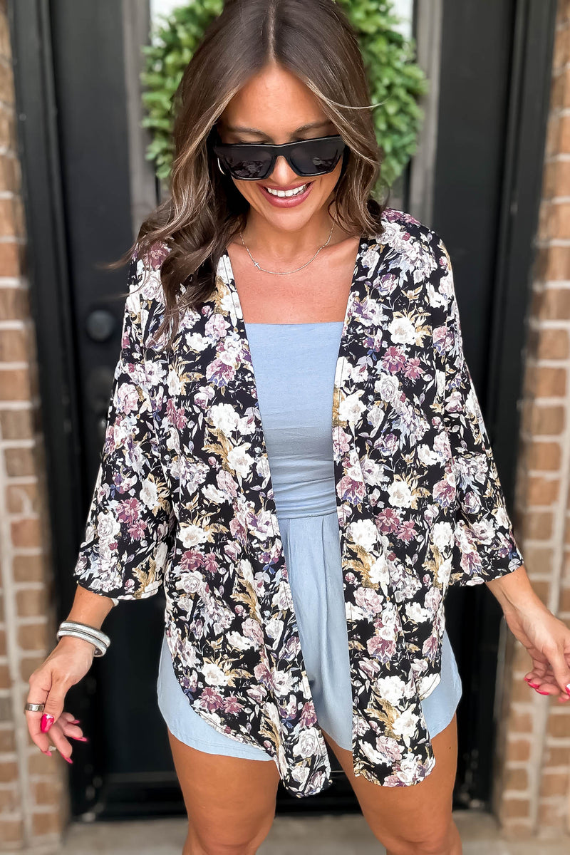 Black Floral Print Bell Sleeve Kimono
