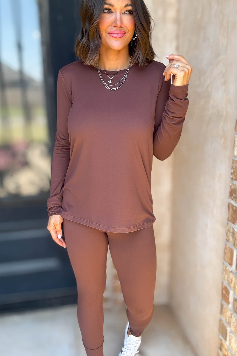 Microfiber Brown Round Neck Top & Leggings Set