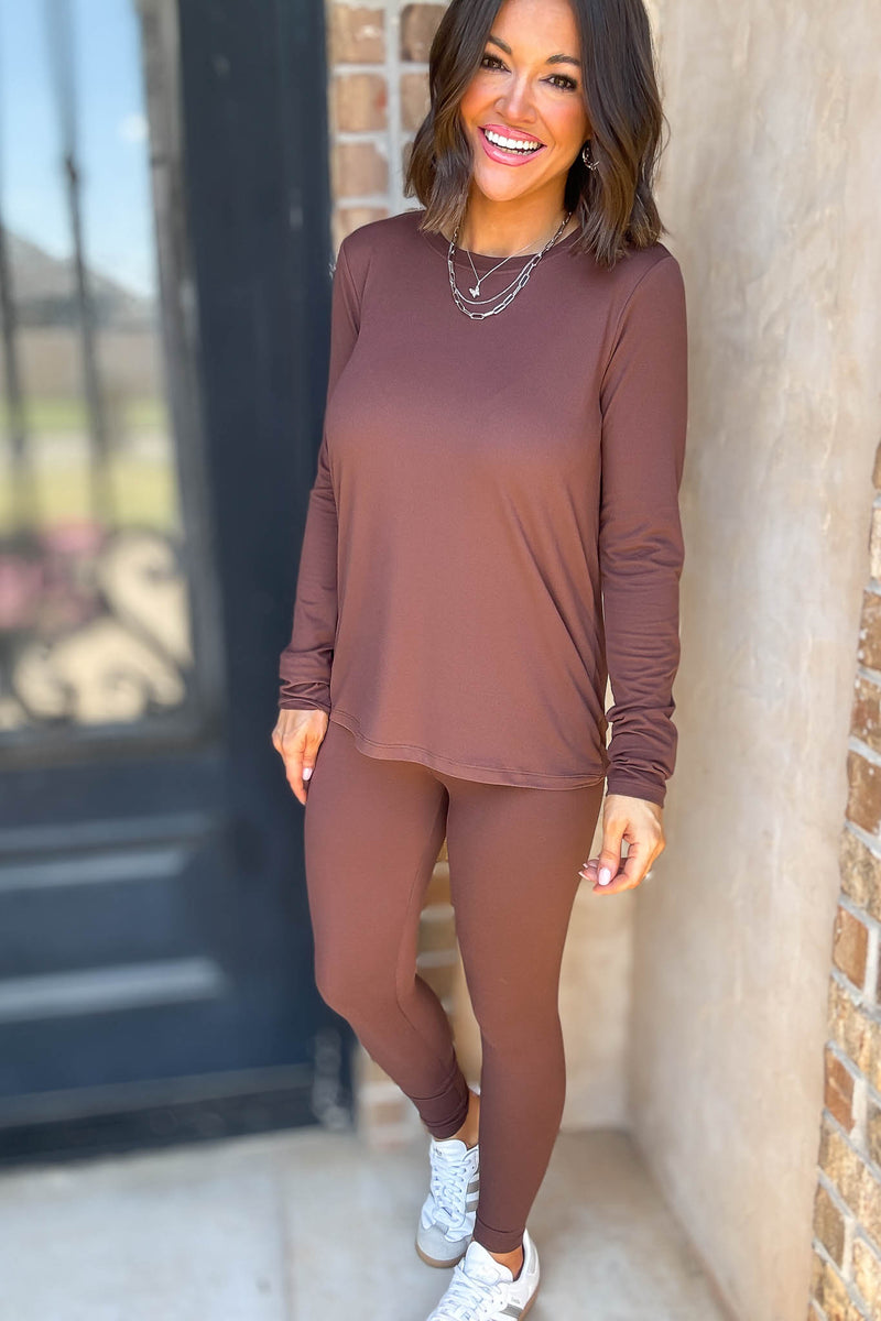 Microfiber Brown Round Neck Top & Leggings Set