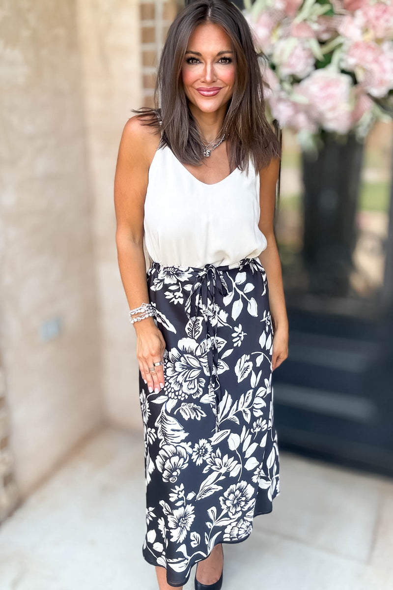 Black Floral Printed Satin Midi Skirt