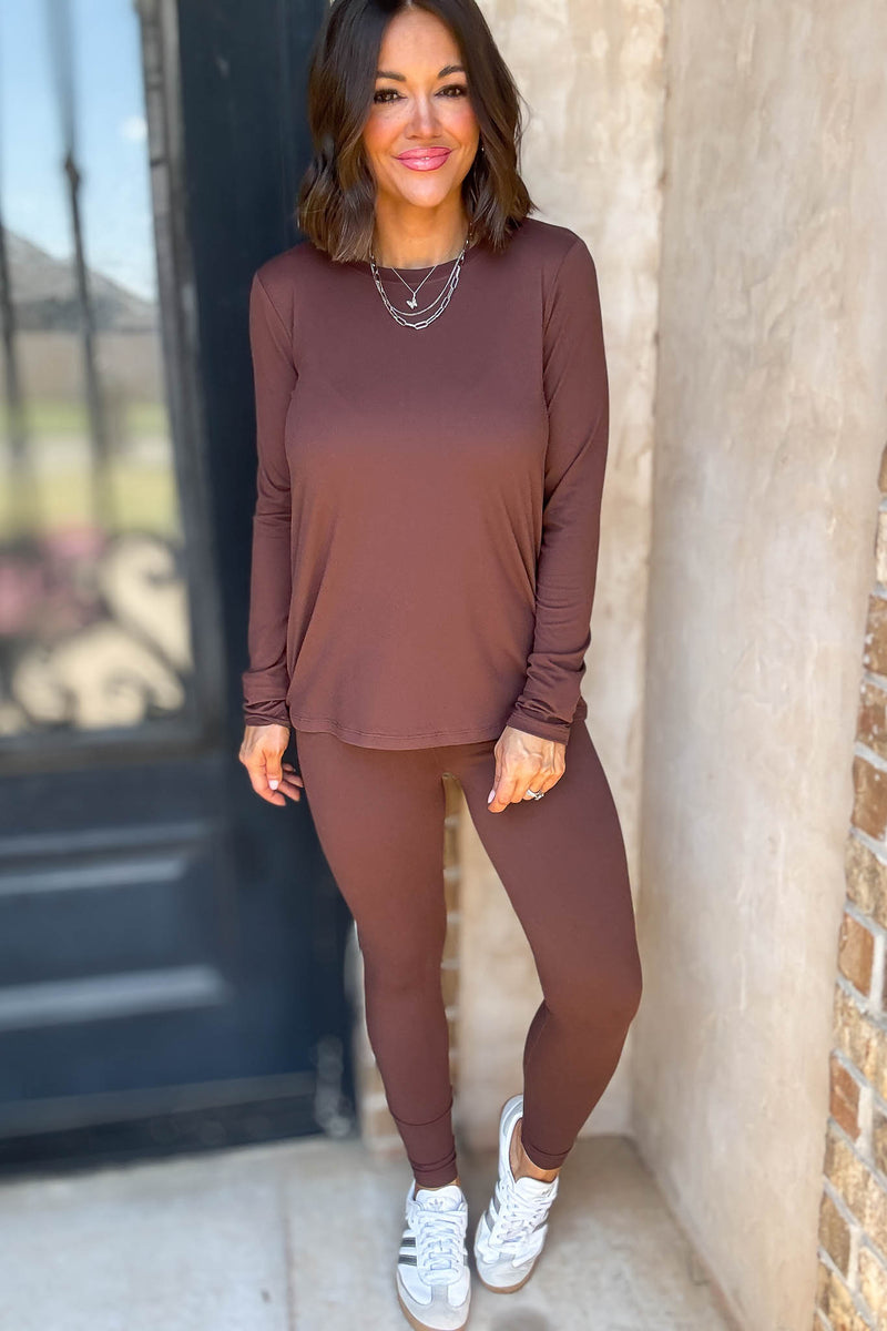 Microfiber Brown Round Neck Top & Leggings Set