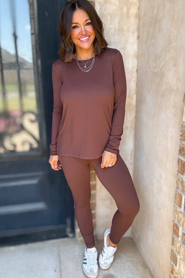 Microfiber Brown Round Neck Top & Leggings Set