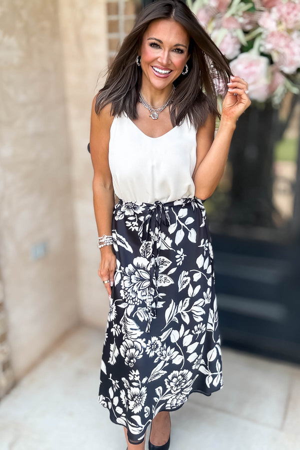 Black Floral Printed Satin Midi Skirt