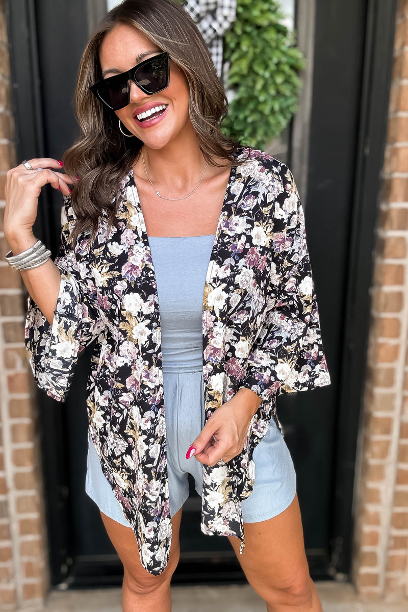 Black Floral Print Bell Sleeve Kimono