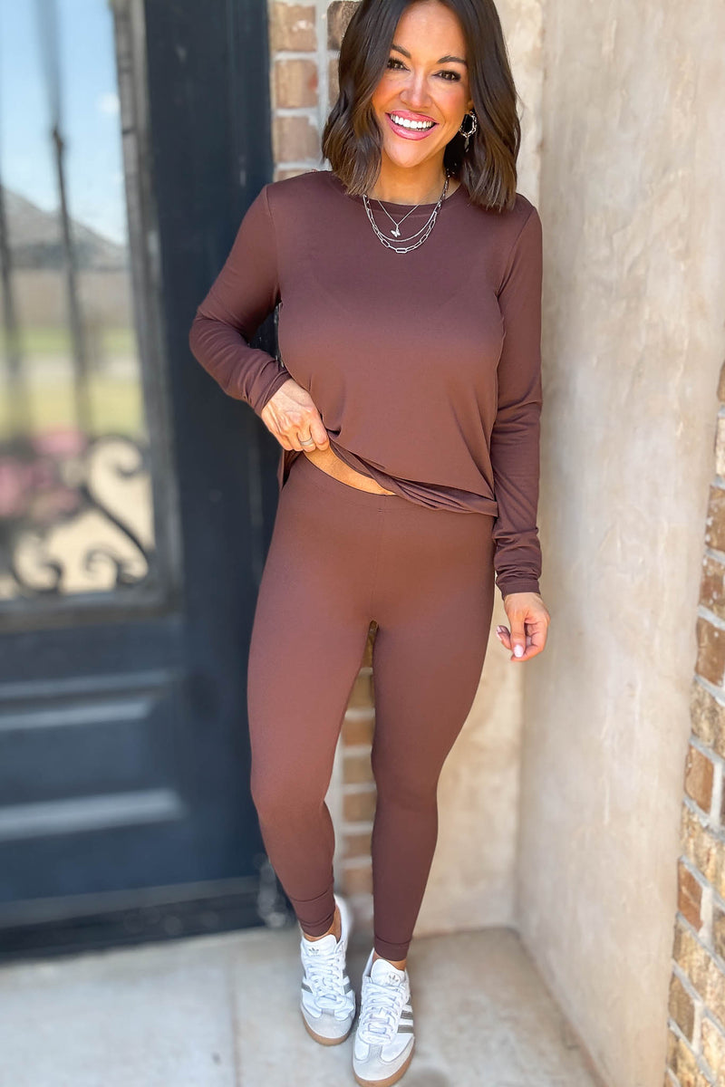 Microfiber Brown Round Neck Top & Leggings Set