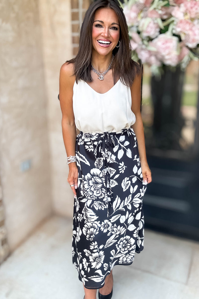 Black Floral Printed Satin Midi Skirt