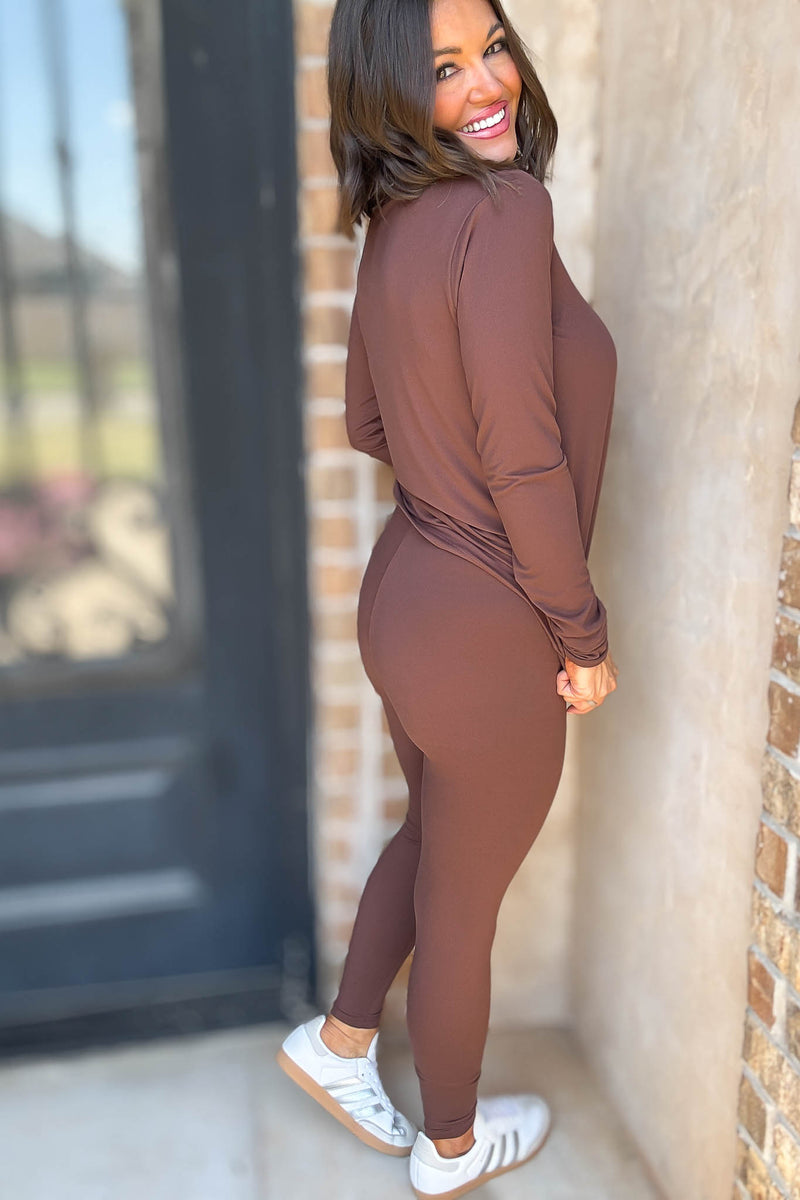Microfiber Brown Round Neck Top & Leggings Set