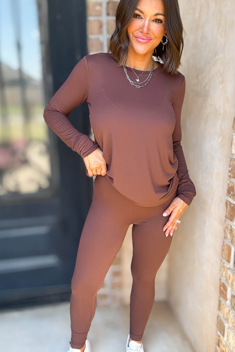 Microfiber Brown Round Neck Top & Leggings Set