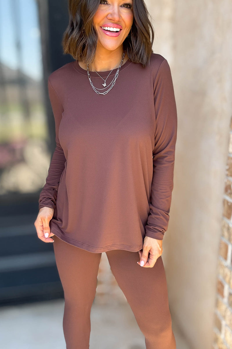 Microfiber Brown Round Neck Top & Leggings Set