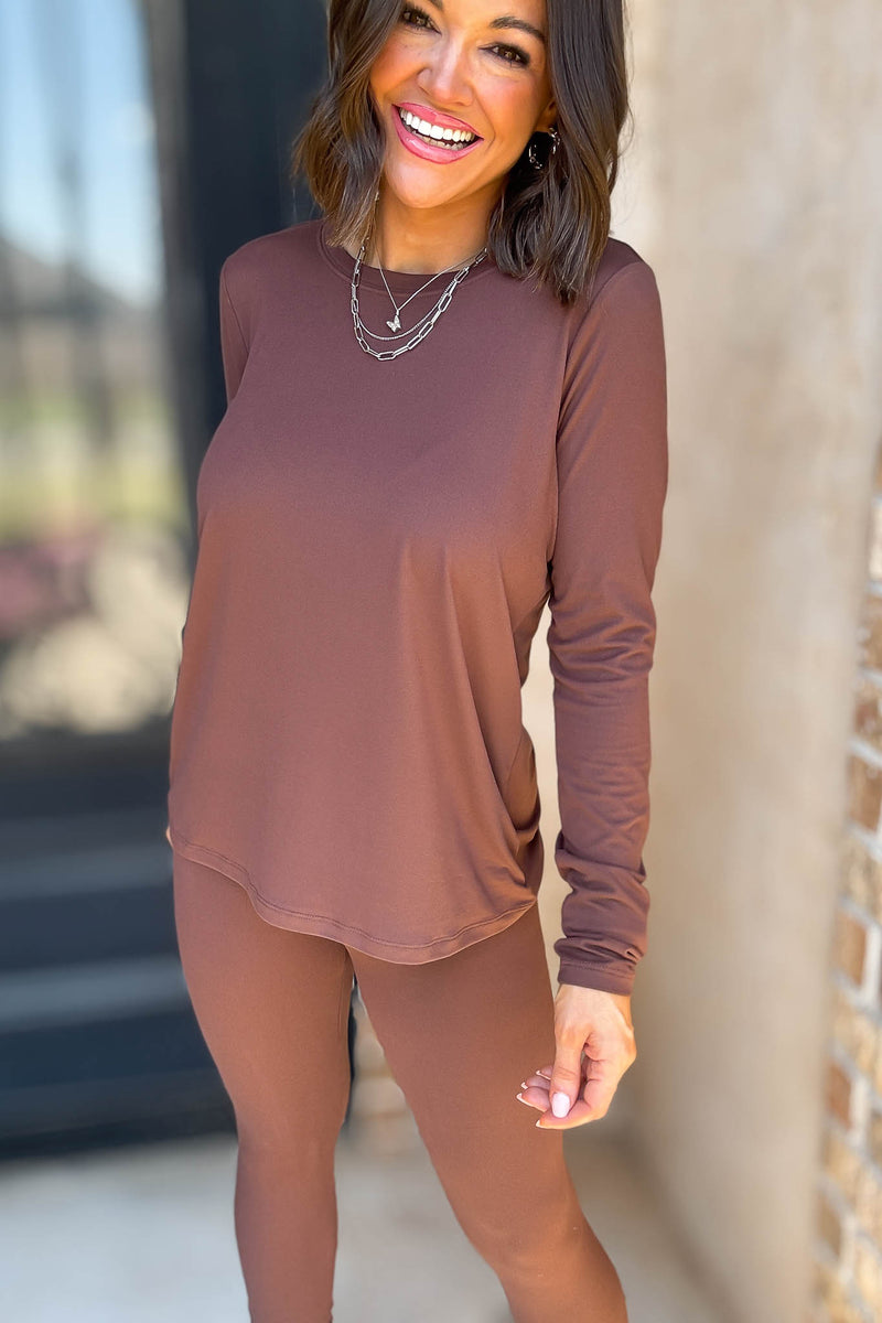 Microfiber Brown Round Neck Top & Leggings Set