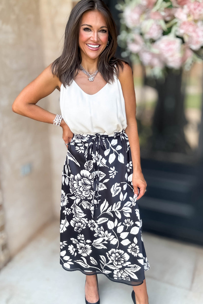Black Floral Printed Satin Midi Skirt