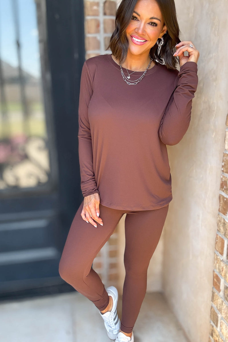 Microfiber Brown Round Neck Top & Leggings Set